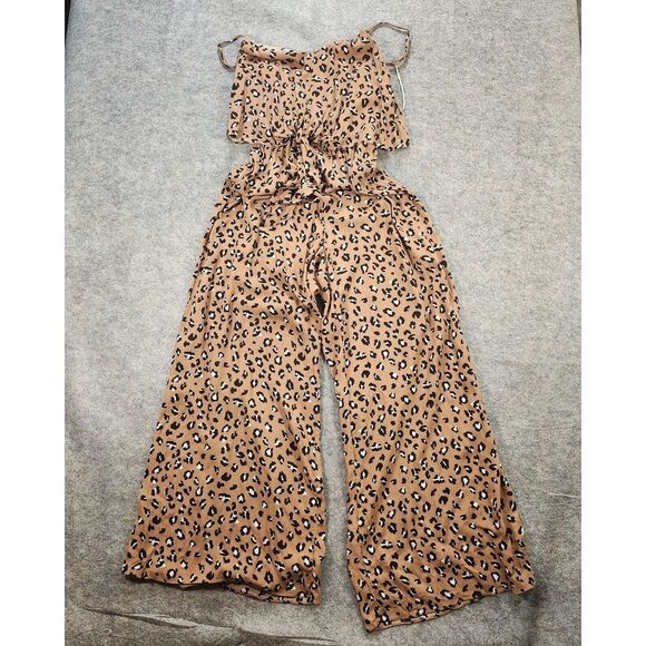 Mustard Seed Jumpsuit Women Small Allover Leopard Print Wide Leg V Neck‎ Elastic - Picture 1 of 15